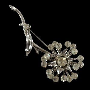 Vintage Clear Rhinestone Crystal Flower Brooch Pin Large Bar Clasp Silver Tone